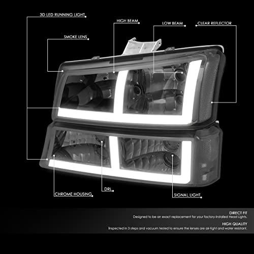 DNA MOTORING HL-LB4-CSIL03-SM-CL1 F-LED DRL Headlights Compatible with 03-06 Silverado Avalanche 1500 2500, Fit Models without Factory Cladding ONLY,Chrome/Smoked - color: Smoke / Clear