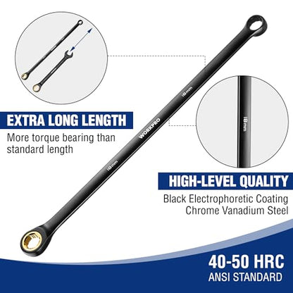 WORKPRO Extra Long Ratcheting Wrench Set, 10-Piece Anti-Slip Double Box Wrenches Set, Metric 8-19 mm, 72-Teeth, Cr-V Steel and Black Electrophoretic Coating Wrenches with Rolling Pouch - size: Metric