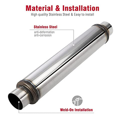 Upower 2.5 Inch Inlet Exhaust Muffler 2 1/2" Resonator Muffler 3.5" Round 18" Body Length 22" Overall Length Stainless Moderate Sound Universal Exhaust Resonator