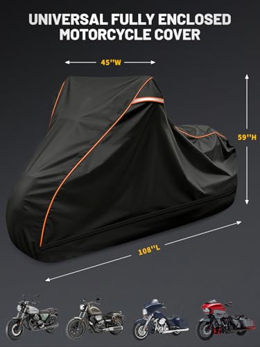 COVERVIN Full Enclosed Motorcycle Cover, 600D Heavy Duty Waterproof Motorcycle Cover, Outdoor UV Protection with Reflective Strips, Fits 108" Harley Honda Yamaha Suzuki, Cruiser, Touring Black - size: XXXL-108"