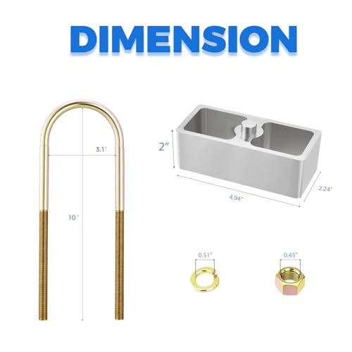 Universal Leaf Spring Lowering Block Kit, 2 Inch, 2-1/2" Wide, 5" Long, Zinc-Plated U-Bolts, Premium Steel Construction for Long-Lasting Finish - size: 2 Inch