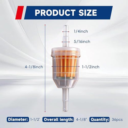 36 Pack Gas Inline Fuel Filter 1/4 x 5/16 - Replacement for Briggs & Stratton, John Deere & Kawasaki