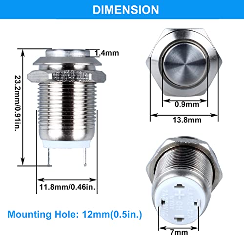 2-Pack 12mm Momentary Metal Waterproof Push Button Switch Raised Head Plug-in Terminals 1/2" Mounting Hole 12V 24V 36V 110V 250V 2A 1NO - style: Momentary