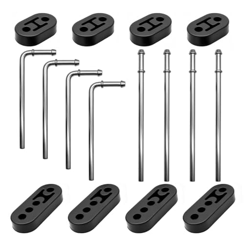 16 PCS Exhaust Hanger Rod Set, 3/8" (10mm) Heavy Duty Zinc Coated Steel Hangers, 7.6" 90° Angle & 10" Straight Rods, 2/4 Hole Rubber Insulators for Car Automotive Muffler Replacement