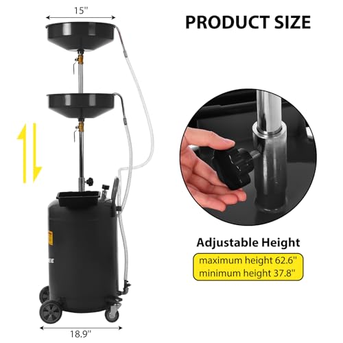 Garvee 20 Gallon Waste Oil Drain Tank, Portable Oil Drain Container, Air Operated Drainer, Fluid Fuel Transfer Drainage, Adjustable Funnel Height with Wheel &15'' Premium Bowl and a Toolbox - size: 20 Gallon- Black