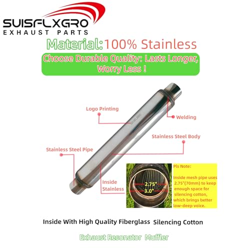 Exhaust Resonator, Straight Gasflow Design, Quiet and Deep Sound Muffler, Made of 100% Stainless (3.0 X 18/22) - size: 3.0X18/22