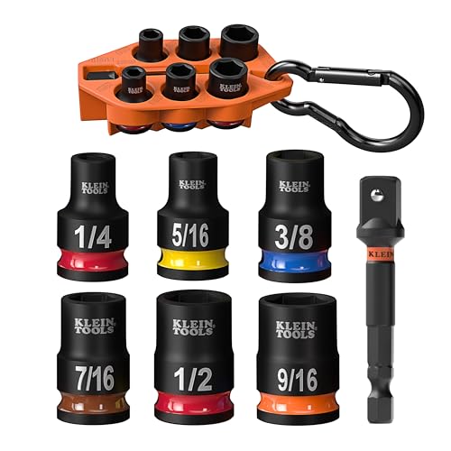 Klein Tools 33808 Grab-And-Go Impact Socket Set, SAE, 7-Piece Set with Sleeve, Carabiner, and 3/8-Inch Drive, Color-Coded 1/4, 5/16, 3/8, 7/16, 1/2, and 9/16-Inch Sockets - style: 7-Piece SAE