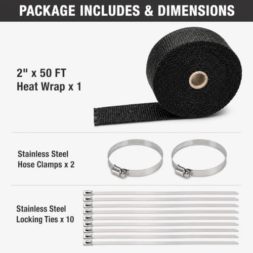 Automotive Exhaust Header Wrap Kit, 2 in x 50 ft, Black - color: Black, size: 2 in x 50 ft