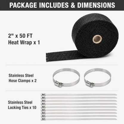 Automotive Exhaust Header Wrap Kit, 2 in x 50 ft, Black - color: Black, size: 2 in x 50 ft