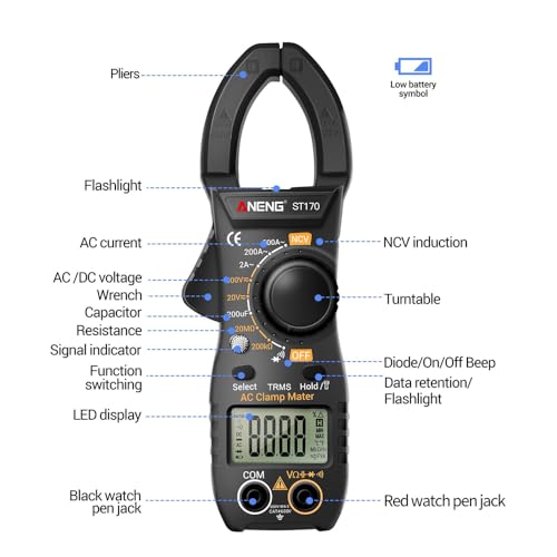NCV Digital Clamp Meter Multimeter 2000 Counts Amp Voltage Tester Auto-ranging with AC/DC Voltage, AC Current, Resistance, Capacitance, Continuity, Live Wire Test, Black