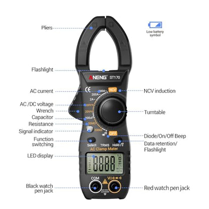 NCV Digital Clamp Meter Multimeter 2000 Counts Amp Voltage Tester Auto-ranging with AC/DC Voltage, AC Current, Resistance, Capacitance, Continuity, Live Wire Test, Black