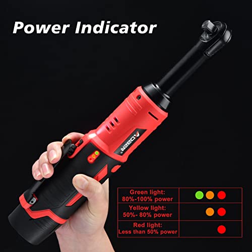 AOBEN 3/8" 40 Ft-lbs Cordless Electric Ratchet Wrench Kit with Variable Speed, Lithium Batteries - color: Cherry Red