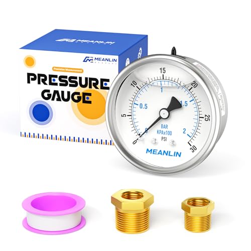 MEANLIN MEASURE 0~30Psi Stainless Steel 1/4" NPT 2.5" FACE DIAL Liquid Filled Pressure Gauge WOG Water Oil Air Center Back Mount, with 1/2" NPT and 3/8" NPT Hex Bushing - size: 0-30Psi