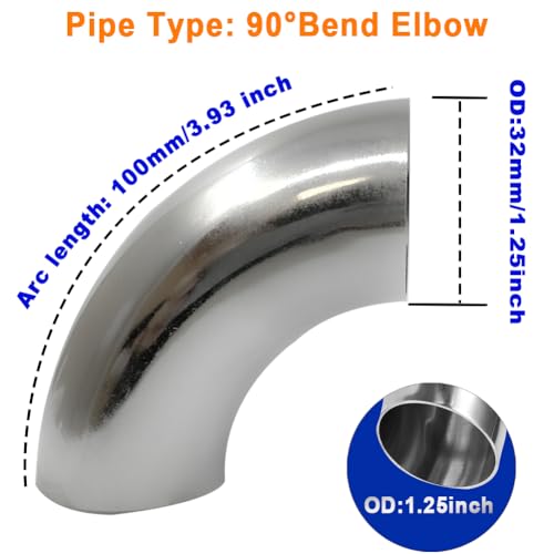 1.25 Inch 90 Degree Stainless Steel Bend Tube Exhaust Elbow Pipe for Car Modified Exhaust System 1.25" Piping Silver Tone，Stair Handrail (2PCS) - size: 1.25"