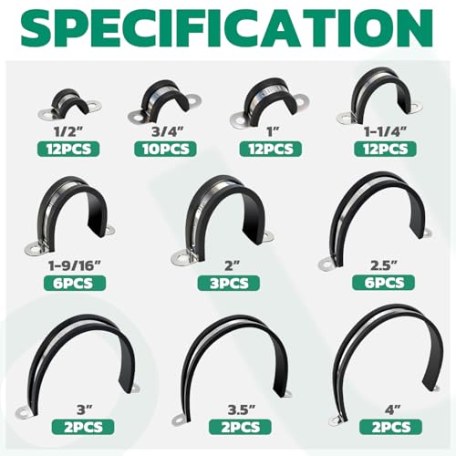 OURU 67PCS Pipe Strap Kit Fits 0.51"-4.01" OD, Rubber U Bracket,10 Sizes - size: 1/2"-4"