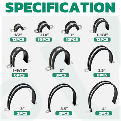 OURU 67PCS Pipe Strap Kit Fits 0.51"-4.01" OD, Rubber U Bracket,10 Sizes - size: 1/2"-4"