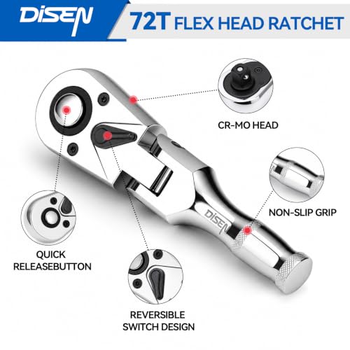 DISEN 6PCS Flex-Head Stubby Ratchet Set – 1/4", 3/8", 1/2" Drive Ratchet - color: 72t Flex-head Ratchet 3pcs
