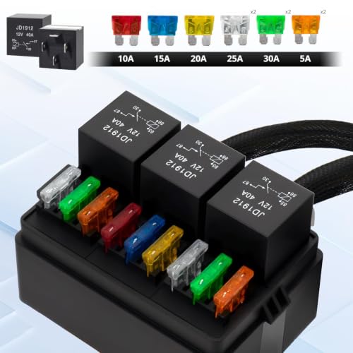 12V 9Way Pre-Wired Fuse and Relay Box Kit with 3 x 40A 4-Pin Relays & 9 ATC/ATO Fuses for Car, Truck, Vehicle - size: 40A 3 Relay 9 Fuse
