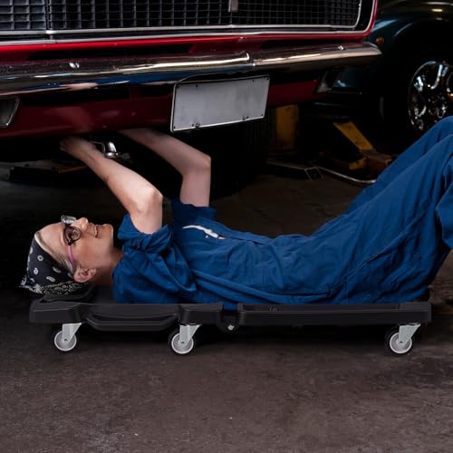 43" Foldable Mechanic Creeper, Heavy Duty Rolling Garage Creeper with Padded Headrest & Tool Trays, Low Profile Automotive Creeper for Garage, Shop & Auto Work Repair, 350 lbs Capacity