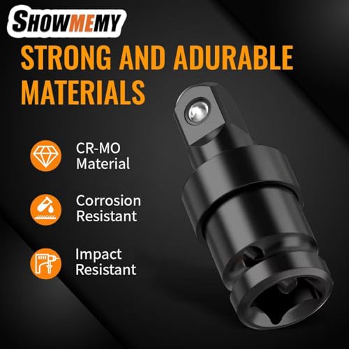Swivel Socket Set, 3 Pcs Impact Swivel Socket Set with 3 Pcs Impact Socket Adapter, Wobble Socket, Impact Grade Universal Joint, Cr-Mo Steel, 1/4-Inch, 3/8-Inch, 1/2-Inch Drive/Adapter
