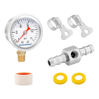 MEASUREMAN 0-15 Psi Glycerin Filled Fuel Pressure Gauge, 1.5” Dial, 304 Stainless Steel Case, 1/8” NPT Lower Mount, with 3/8” Fuel Line Adapter, Copper Tube & Fittings, Red Aluminum Pointer - size: 0-15 psi, style: Lower Mount (7 Pieces Kit)
