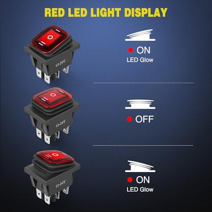 Nilight 2 Pack 6Pin DPDT On Off On Rocker Switch Latching Red LED Toggle - color: On Off On 2 PCS
