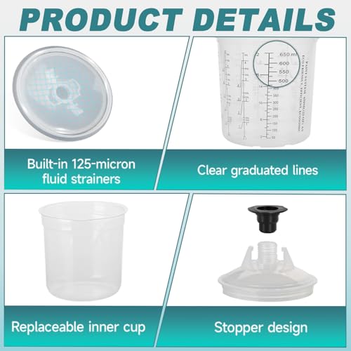 Disposable Paint Sprayer Mixing Cup Kit for Automotive Paint Gun, HVLP Paint Spray Paint Gun 125 Micron 22 oz (650ml) – Includes 50 Cup Liners, 50 Lids, 1 Hard Cup, 1 Retainer Ring & 10 Plugs