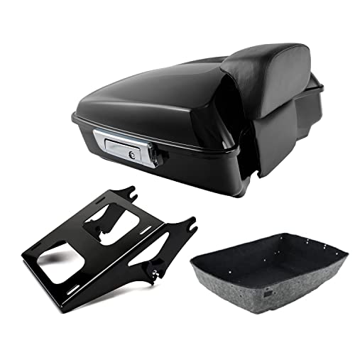 TCT-MOTORPARTS Vivid Black Chopped Motorcycle Tour Trunk Luggage Tail Box w/Backrest Pack Mounting Bracket Fit for Harley 2014-2025 Touring Road Street Electra Glide Special Road King - color: Vivid Black Chopped Trunk+Black Rack#1