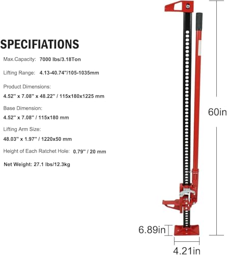 High Lift Farm Jack - 60" Ratcheting Off Road Utility Jacks with 7000 Lbs Capacity,Eavy-Duty Farm Jack Bumper Jacks for Tractor,Truck.Red