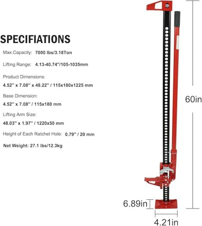 High Lift Farm Jack - 60" Ratcheting Off Road Utility Jacks with 7000 Lbs Capacity,Eavy-Duty Farm Jack Bumper Jacks for Tractor,Truck.Red