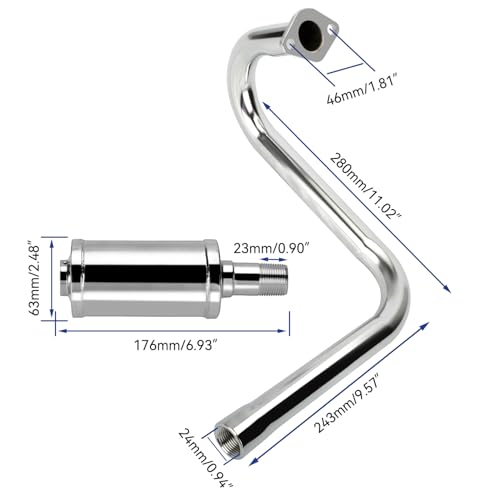 Left Long Exhaust Pipe Muffler Compatible with Predator 212cc 196cc Coleman CT200U RB200 Baja MB200 RT200 Mini Bike 6.5HP GX160 GX200 Performance Parts with Heat Shield Tape Main Jet Kit - color: Silver