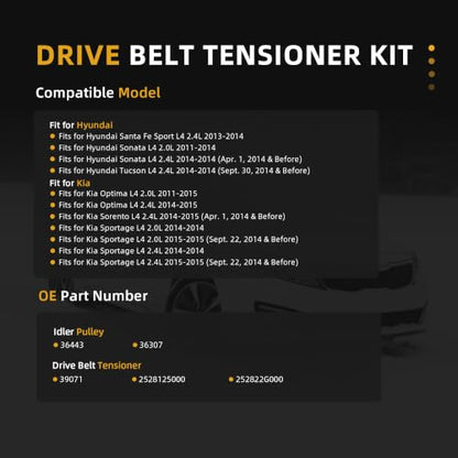 Belt Tensioner Serpentine Belt Idler Pulley Kit for Hyundai Sonata 11-24 - size: for Tucson/Sonata 2011-2014
