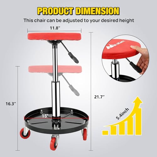 Nilight Rolling Mechanic Stool 330LBS Pneumatic Adjustable Swivel PU Seat - color: Black Red 330lbs