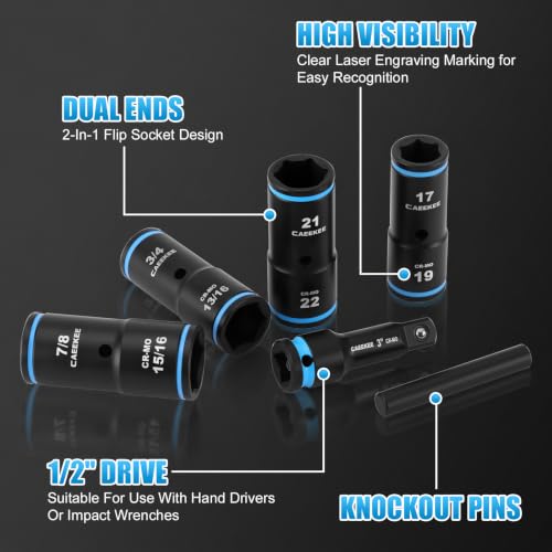 1/2" Drive Flip Lug Nut Impact Socket Set, 6PCS Dual-End Thin Wall Socket, Metric & SAE, 17, 19, 21, 22, 3/4", 13/16", 7/8", 15/16", CR-MO Steel, Includes 3" Extension Bar & Knockout Bar - size: 6PCS Standard Metric & SAE