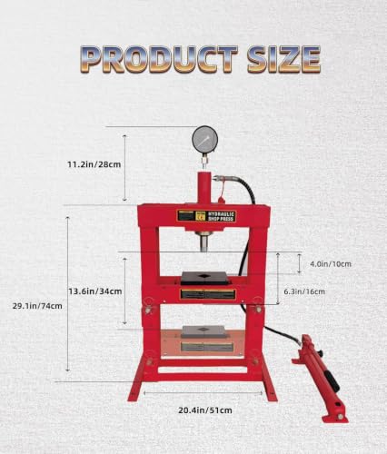 Superokay 10 Ton Shop Press, Welded H-Frame, 6.5 Inch Stroke, Manual Pump