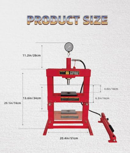 Superokay 10 Ton Shop Press, Welded H-Frame, 6.5 Inch Stroke, Manual Pump
