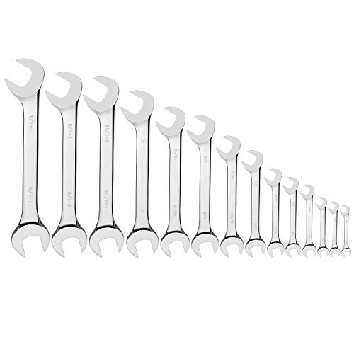 14-Piece Premium Angle Head Open End Wrench Set, Chrome Vanadium Steel | Include Standard Inch Sizes 3/8, 7/16, 1/2, 9/16, 5/8, 11/16, 3/4, 13/16, 7/8, 15/16, 1, 1-1/16, 1-1/8, 1-1/4 with Storage Rack - style: SAE 14-Piece Set
