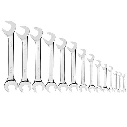 14-Piece Premium Angle Head Open End Wrench Set, Chrome Vanadium Steel | Include Standard Inch Sizes 3/8, 7/16, 1/2, 9/16, 5/8, 11/16, 3/4, 13/16, 7/8, 15/16, 1, 1-1/16, 1-1/8, 1-1/4 with Storage Rack - style: SAE 14-Piece Set