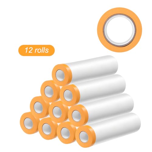 HARFINGTON 12 Rolls Pre-Taped Masking Film 106.3" x65.6ft Tape and Drape Painters Plastic Drop Cloth Film with Tape Plastic Sheeting for Automotive Painting Covering - color: Yellow, size: 106.3"x65.6ft