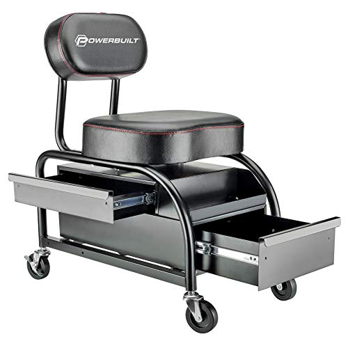 Powerbuilt Professional Car Detailers Mechanics Roller Seat, Heavy Duty Garage Stool with Thick Padded Seat and Backrest, 2 Sliding Storage Drawers, Tool Tray, Can Holders, 3in. Swivel Casters–240299 - size: 2 Sliding Storage Drawers