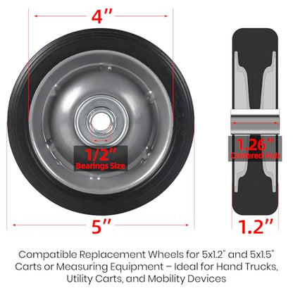 AR-PRO (2-Pack 5" x 1.2" Flat Free Solid Rubber Wheel Assemblies - Replacement Hand Truck Wheels with Ball Bearings and 1/2" Bore Hole Diameter - Heavy-Duty Solid Rubber Tire 88 lbs Load Capacity - size: 5"x1.2