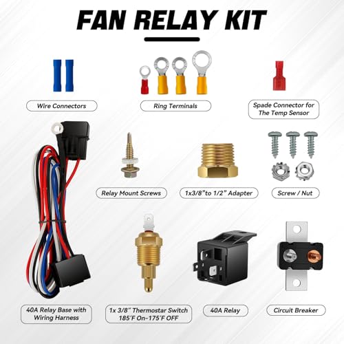 Auto Dynasty 9" Dual Electric Radiator Cooling Fan Switch Relay Kit, Black - color: Black, size: 9 Inch w/Thermostat Wiring Switch Relay Kit