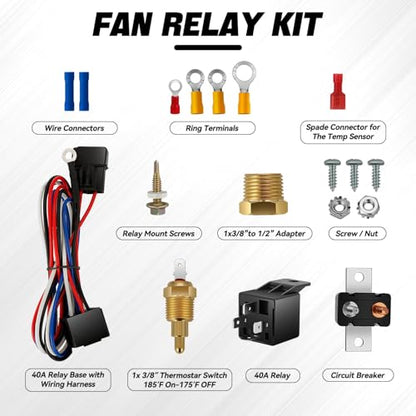 Auto Dynasty 9" Dual Electric Radiator Cooling Fan Switch Relay Kit, Black - color: Black, size: 9 Inch w/Thermostat Wiring Switch Relay Kit