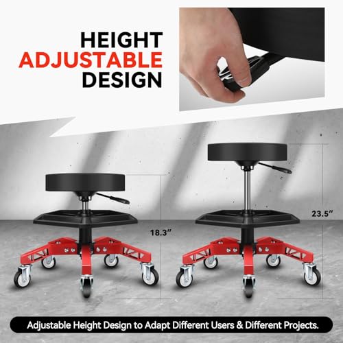 Auto Dynasty Rolling Mechanic Stool, Height Adjustable w/Tool Tray, Red - color: Red (w/Tool Storage Tray)