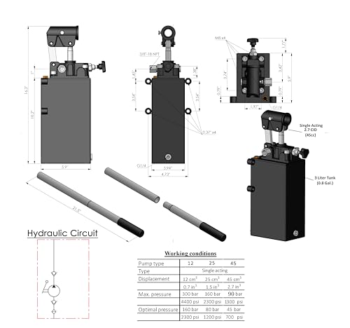 Spare Parts Holland - Single Acting Hydraulic Piston Hand Pump with Release Knob, Hand Operated Hydraulic Pump 3/8" NPTF Ports (2.7 CID 3 Qrt Tank (0.80 Gal) - size: 2.7 CID 3 Qrt. tank (0.80 Gal)