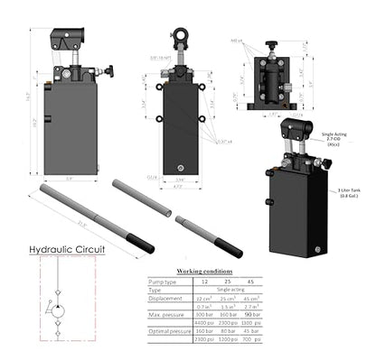 Spare Parts Holland - Single Acting Hydraulic Piston Hand Pump with Release Knob, Hand Operated Hydraulic Pump 3/8" NPTF Ports (2.7 CID 3 Qrt Tank (0.80 Gal) - size: 2.7 CID 3 Qrt. tank (0.80 Gal)