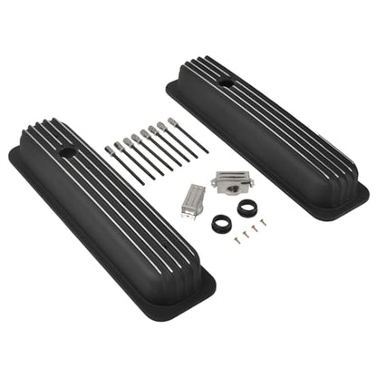 Black Valve Covers Short Style Finned - color: Black, size: SBC 87-97