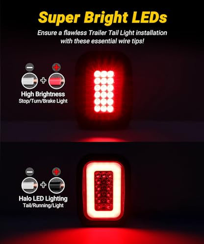 5x3 Rectangle LED Stop Brake Turn Tail Lights Halo LED Red Lens Flatbed Truck Trailer Hitch Tail Lights w/Rubber Grommet 3 Prong Trailer Wire Pigtails Plug 2Pcs