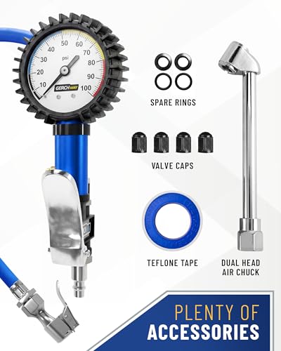 Tire Inflator with Pressure Gauge — Air Chuck with Gauge for Air Compressor - color: Blue (White Dial)