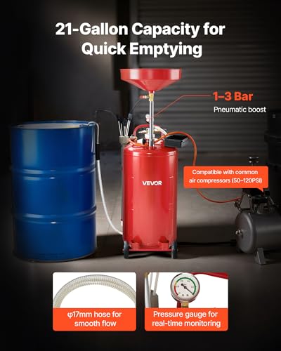 VEVOR 21 Gallon Waste Oil Drain Tank, Air Operated Portable Oil Drainer with Adjustable Funnel Height, Industrial Fluid Drain Tank with Wheels, Fluid Fuel Transfer Drainage for Auto Repair Shops, Red - size: 20.1 x 20.1 x 66.1 in